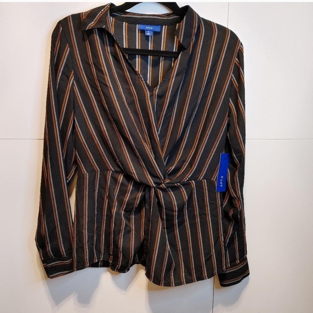 Apt 9 NWT Twist Front Surplice Blouse Black Orange Stripe Career Top Medium - Picture 3 of 6